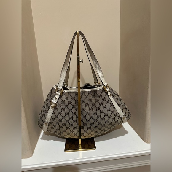 Authentic Gucci Abbey GG Brown Canvas White Leather Handbag - Picture 8 of 15
